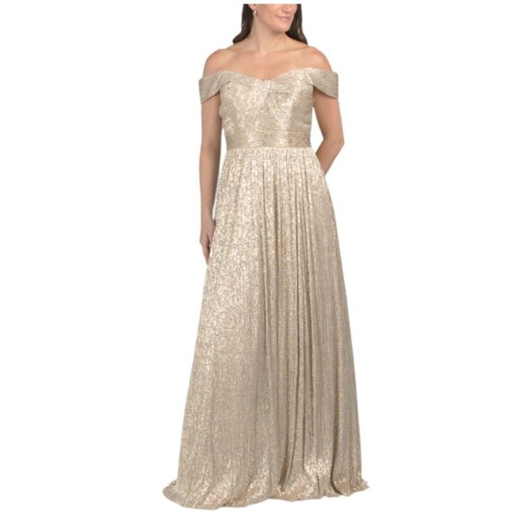 AIDAN MATTOX Gold Off The Shoulder Gown With Metallic Accents - Picture 4 of 4